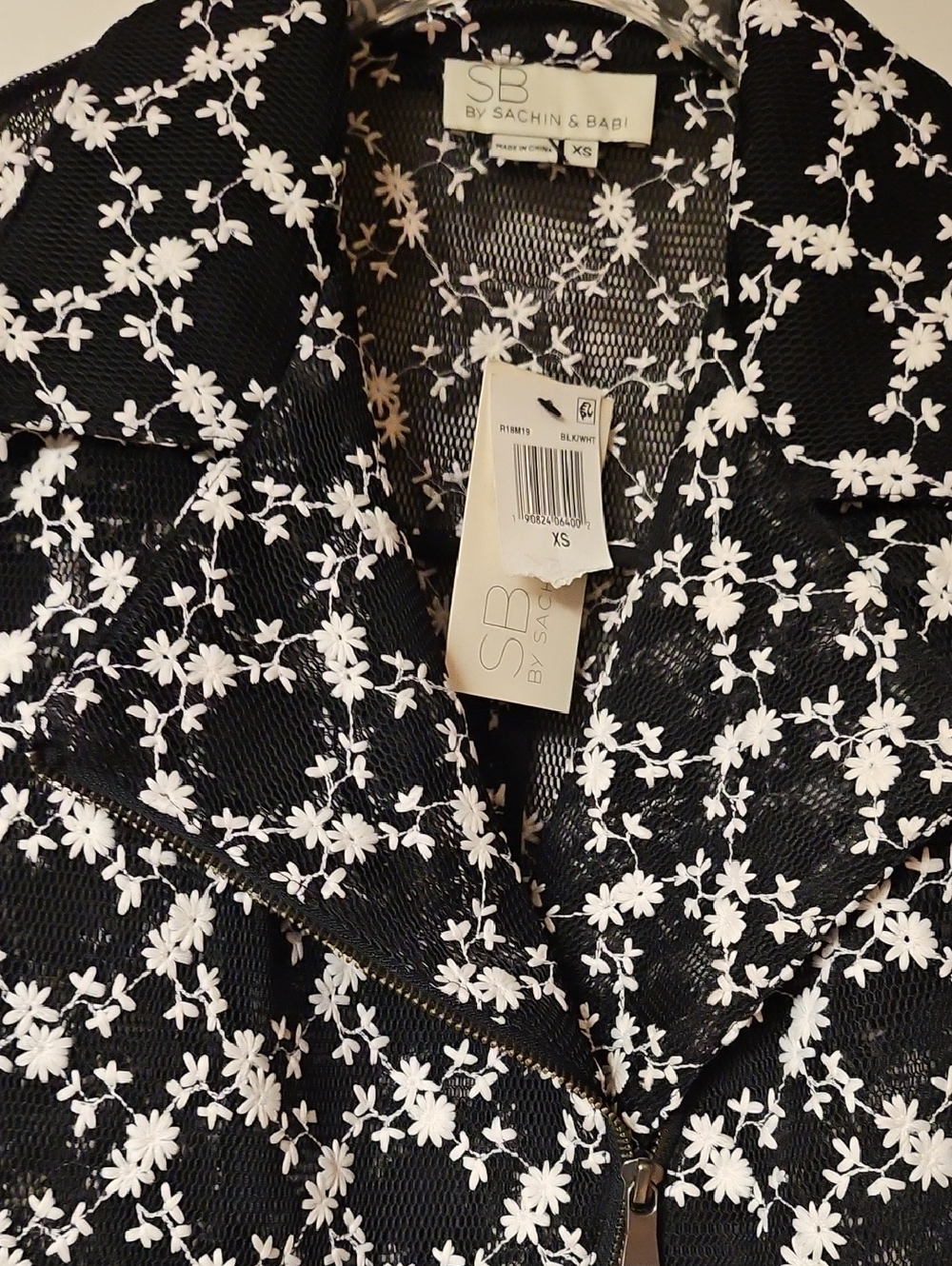 SB by Sachin & Babi Black Mesh Moto Jacket w/ White Floral Embroidery- Size XS - Picture 7 of 12